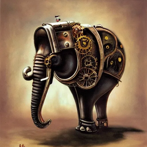 Prompt: surrealist painting of a steampunk elephant