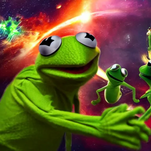 Image similar to the avengers battle kermit the frog in space, galaxy, hd, explosions, gunfire, lasers, spatula, giant, epic, showdown, colorful, realistic photo, unreal engine, stars, prophecy, epic oil painting, powerful, diffused lighting, destroyed planet, debris, justice league