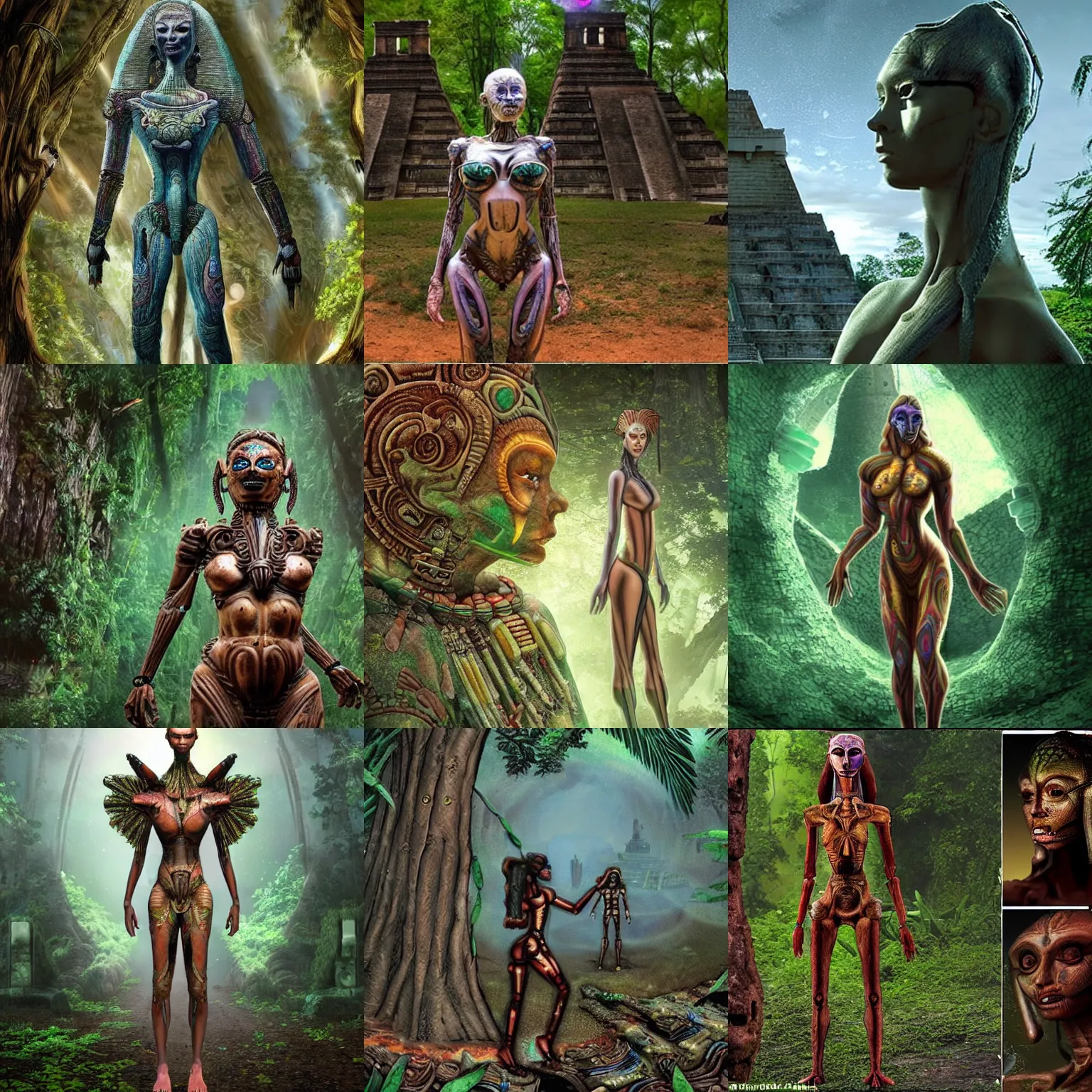 Prompt: humanoid female alien species coming to earth to protect an ancient civilization which lives in the forest in a mayan style city