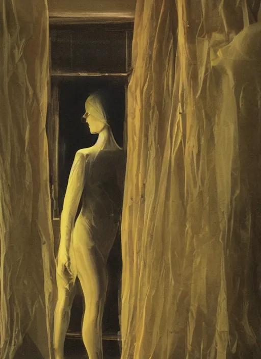 Prompt: woman in a translucent clothing made from plastic bag with paper bags for clothes standing inside paper bags with paper bag over the head at store display on flooded night street Edward Hopper and James Gilleard, Zdzislaw Beksinski, highly detailed