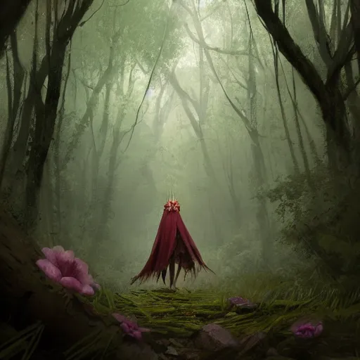 Prompt: forest creature, cloak, flower crown, in an open forest, by Greg Rutkowski, trending on artstation, unreal engine, 4k, digital art