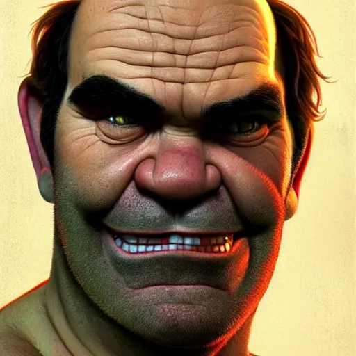 Prompt: trevor philips as shrek face, highly detailed, digital painting, artstation, concept art, sharp focus, illustration, art by greg rutkowski and alphonse mucha