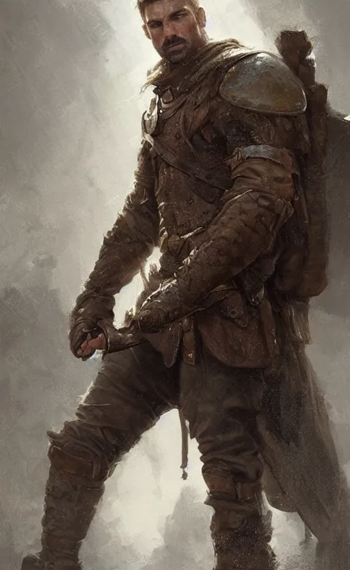 Image similar to Portrait of a rugged ranger, male, muscular, straight nose!!!, detailed face, thighs!!!, simple clothing!!!!!, boots!!!! fantasy, medieval, highly detailed, cinematic lighting, digital art painting by greg rutkowski