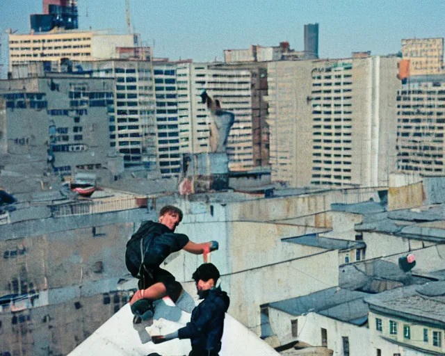 Image similar to lomo photo of roofjumpers climbing on roof of soviet hrushevka, small town, cinestill, bokeh, out of focus