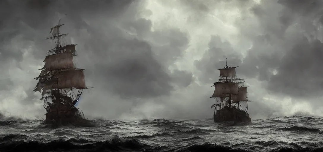 Image similar to wild ocean storm at night, old wooden pirate ship appearing from fog, dramatic lighting, cinematic, establishing shot, extremly high detail, foto realistic, pirates of the carribean, cinematic lighting, post processed, concept art, artstation, matte painting, style by eddie mendoza, raphael lacoste, alex ross