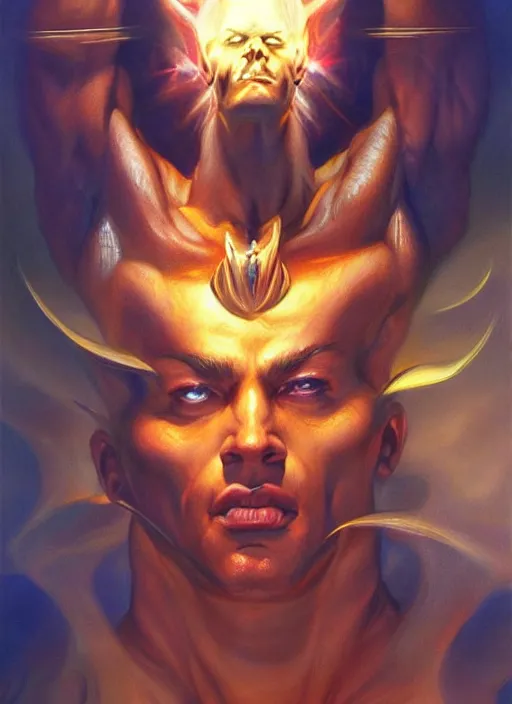 Prompt: a epic portrait of the god of light, art by boris vallejo and greg danton and denys tsiperko, detailed, hyperrealism, artstation