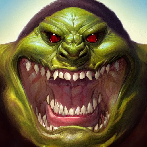 Prompt: headshot of a dnd goblin, a white clouded eye and a scar, wicked smile, greenish skin, painting in the style of boris vallejo and Jeff Easley, digital art, photoshop, trending on artstation,