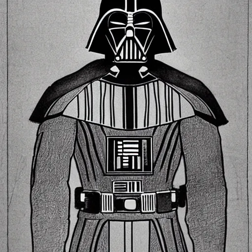 Image similar to darth vader ’ s suit schematic drawn by da vinci, mechanical drawing