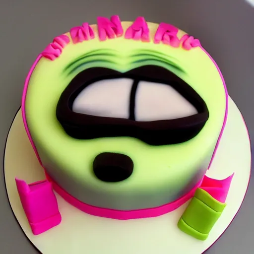 Prompt: a cake with a face that is crying, realistic, high definition, wide face crying, bright pink, baby face