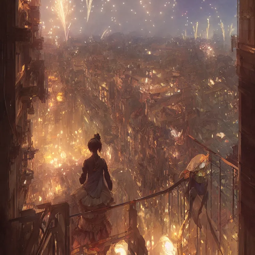 Image similar to firework festival on a balcony at night, greg rutkowski, krenzcushart, nier automata enviroment concept art, makoto shinkai, alphonse mucha