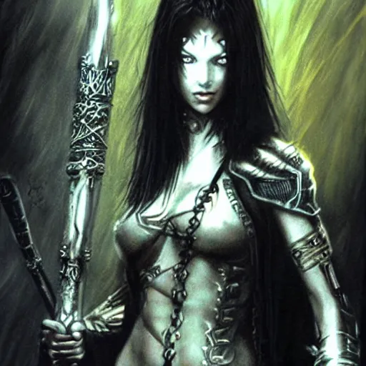 Prompt: female warrior with mask, black hair, glowing sword, cinematic, by luis royo