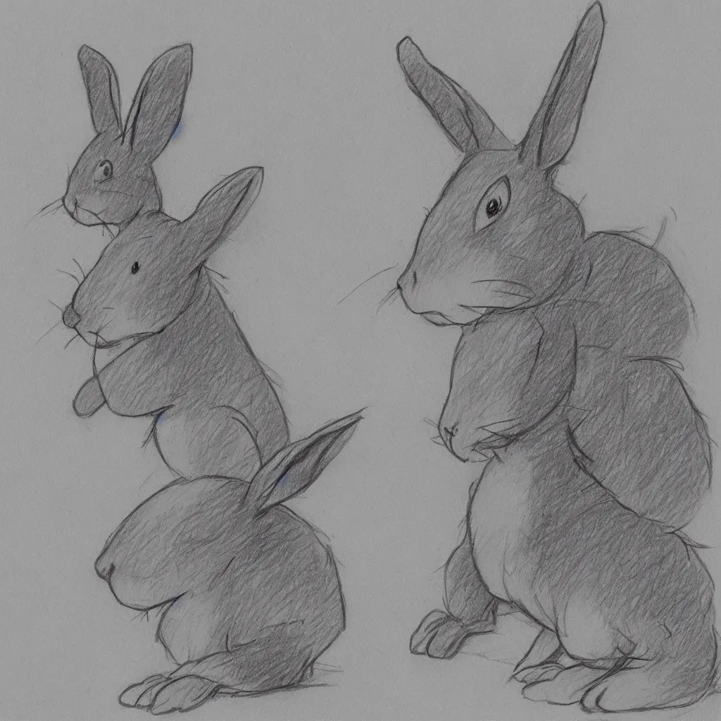 Prompt: milt kahl pencil sketch of a rabbit in the forest facing away disney style