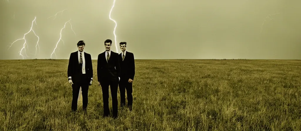 Image similar to 1 3 mm film photograph of a group of tall suited men in a field, liminal, dark, thunderstorm lightning, dark, flash on, blurry, grainy, unsettling