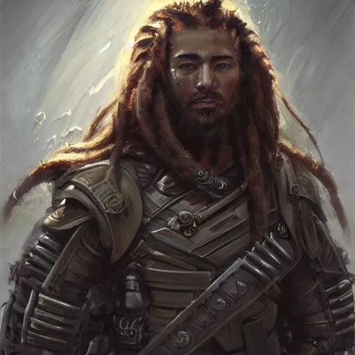 Image similar to Portrait of a man by Greg Rutkowski, a young, strong and hard-eyed futuristic warrior with brown hair with dreadlocks, wearing a futuristic space tactical gear that looks like a mix between the samurai, viking and templar aesthetics, mix between tribal and hi-tech, highly detailed portrait, scifi, space opera, digital painting, artstation, concept art, smooth, sharp foccus ilustration, Artstation HQ