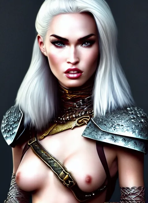 Prompt: ! dream barbarian, fur leather armor!!! megan fox, beautiful and elegant white hair female!! gorgeous ayes!! character concept art, sharp focus, octane render! unreal engine 5! highly rendered!! trending on artstation!! detailed linework!! illustration by artgerm, wlop, and chie yoshii