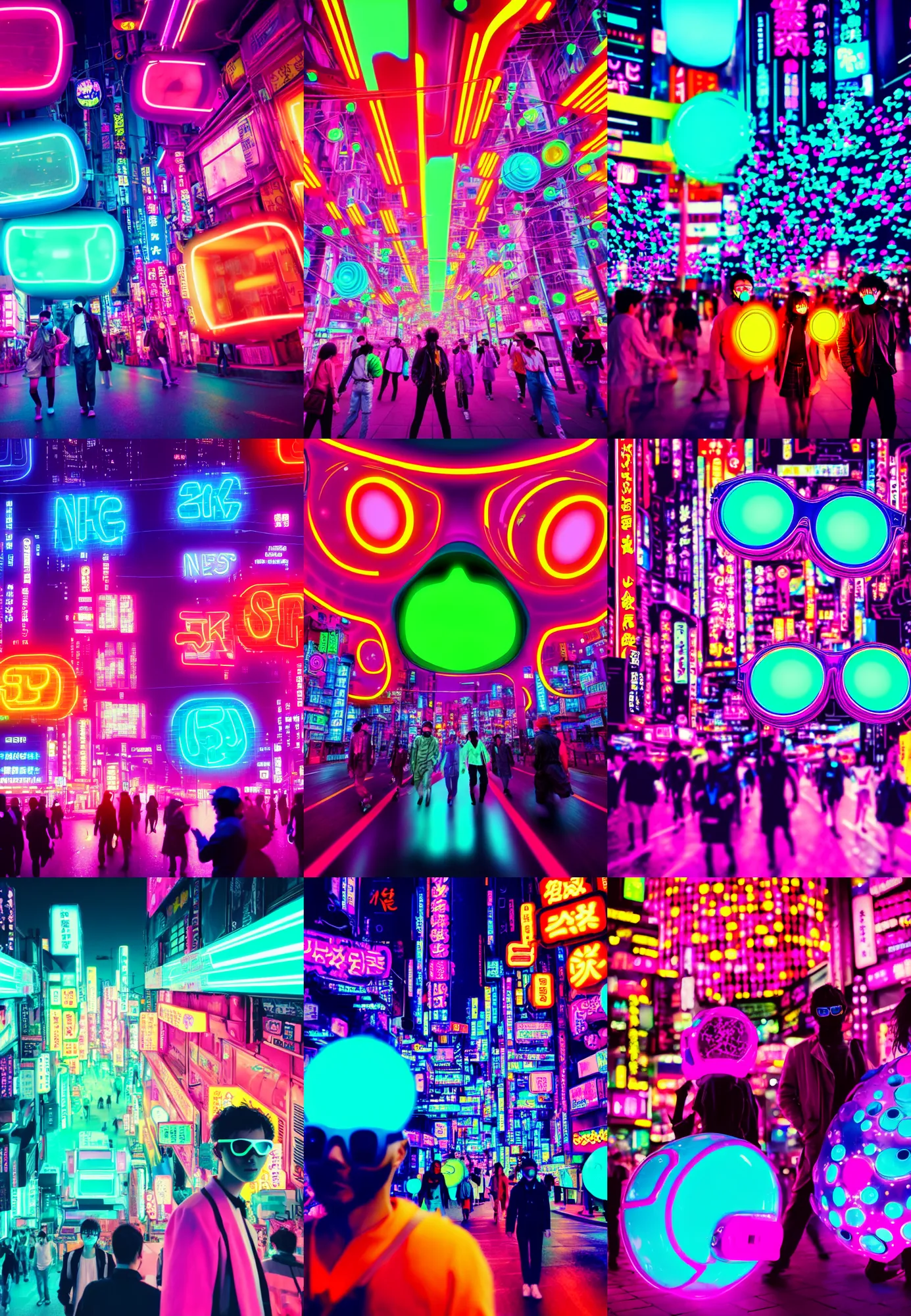 Prompt: giant colorful bright microbe in fashionable glasses fight people in streets, neo - tokyo, futurism, neon signs, 8 k, ultra detailed