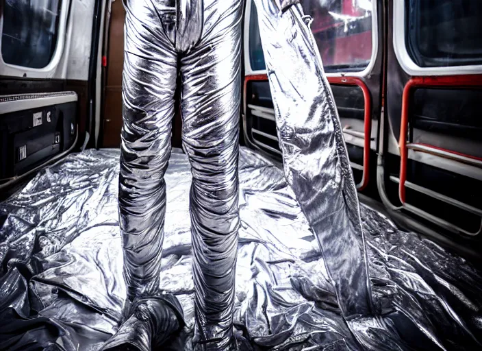 Image similar to man wrapped in foil standing on a buss cenimatic photography