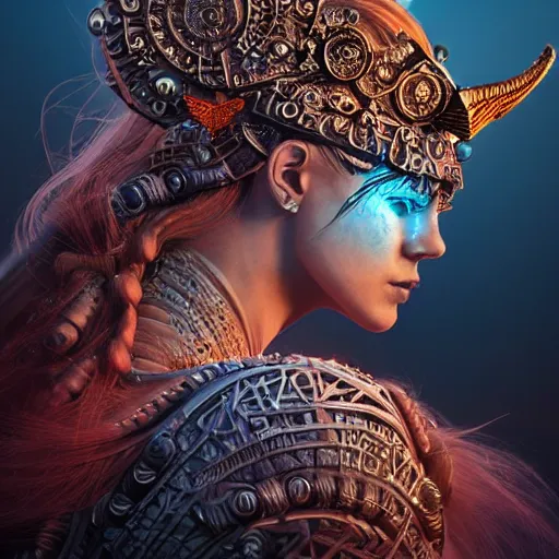 Prompt: viking goddess close-up portrait tribal princess , sitting on intricate throne, high tech, cyberpunk, dystopian, jellyfish phoenix dragon, butterfly squid, burning halo, intricate artwork by Anna Dittmann, very coherent symmetrical artwork, cinematic, hyper realism, high detail, octane render, unreal engine, 8k, Vibrant colors, Smooth gradients, High contrast, depth of field,