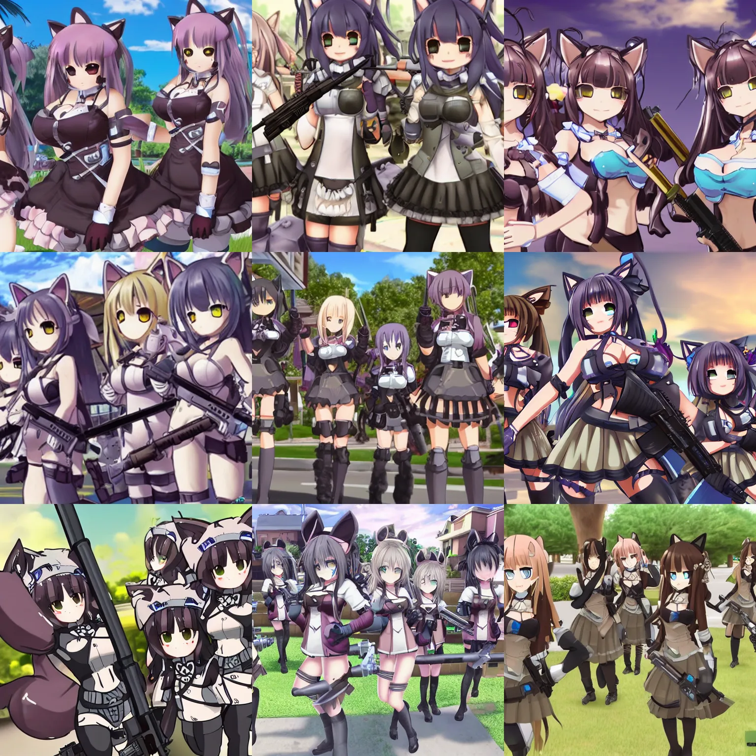 Prompt: an army of nekopara catgirl maids invading The Villages in Florida with assault class weaponry and vehicles, high quality news footage