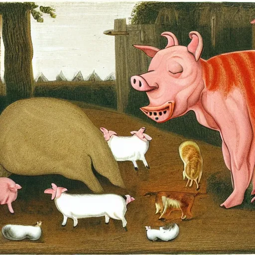 Prompt: butcher feeding a cat, while being watched by a pig, a sheep, a chicken and a cow