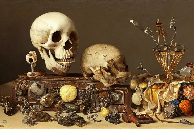 Prompt: a vanitas painting from the 21st century by clara peeters with a skull but also all the electronical gadgets of modern times, cables, wires