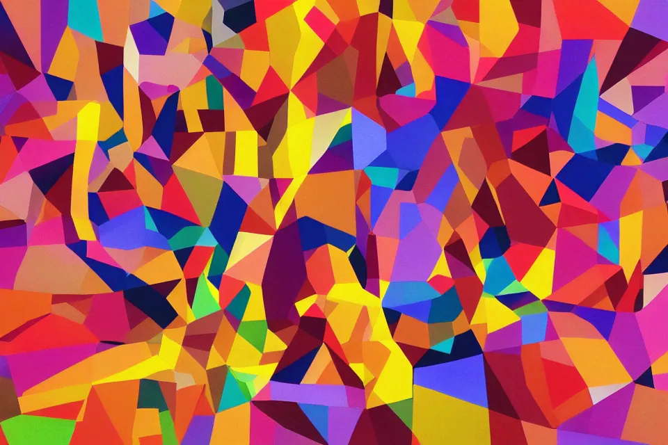 Image similar to a colorful, computer generated, abstract geometric intriguing render, abstract human figures dancing, autumnal colors