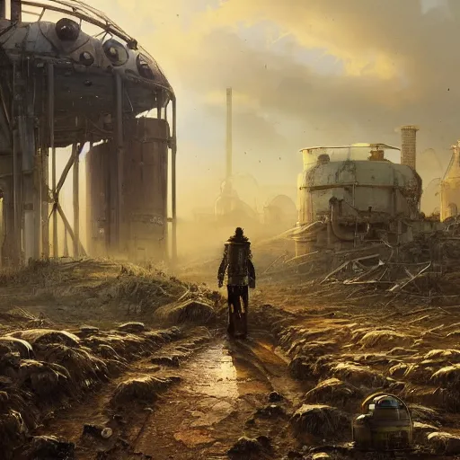 Image similar to a steampunk cyborg grizzly bear walking in a wasteland, abandoned barn in the background, collapsed water tower, painting by Greg Rutkowski, Felix Kelly and Syd Mead, high detail, atmospheric lighting, matte painting, 4k UHD