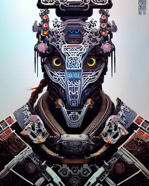 Image similar to portrait of a machine from horizon zero dawn, machine face, upper body, decorated with chinese opera motifs, asian, traditional chinese art, intricate, elegant, highly detailed, digital painting, artstation, concept art, smooth, sharp focus, illustration, art by artgerm and greg rutkowski and alphonse mucha, 8 k