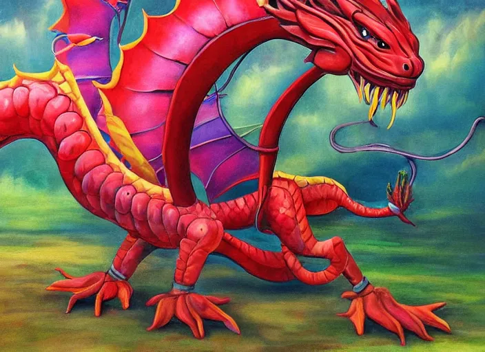 Image similar to The majestic rubber dragon has been punctured, and is now slowly deflating! Fantasy painting, colorful, somber, sorrowful