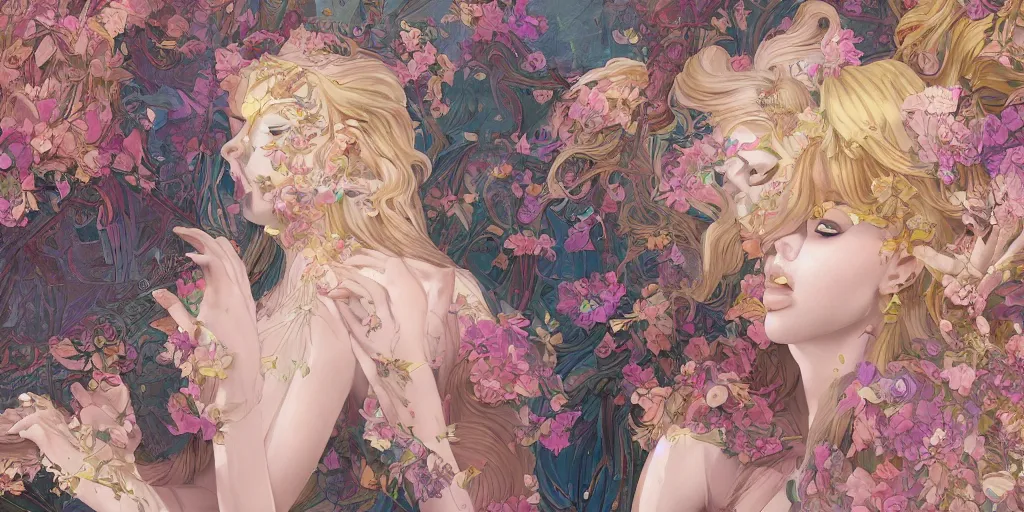 Image similar to breathtaking detailed concept art painting kaleidoscope art deco pattern of blonde faces goddesses amalmation flowers, by hsiao - ron cheng, bizarre compositions, exquisite detail, extremely moody lighting, 8 k