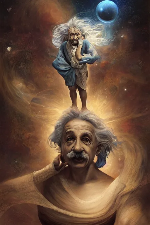 Image similar to breathtakingly beautiful painting of albert einstein as a genie, thinking about equations, moonlit sky, matte painting by brian froud, shaun tan, wlo and peter mohrbacher, highly detailed, intricate,, award winning artwork, trending on artstation, high quality printing, fine art with subtle redshift rendering