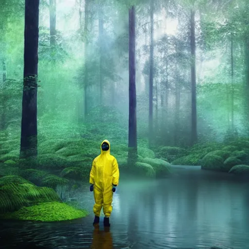 Prompt: a man in a yellow hazmat suit stands in a detailed forest and pours glowing green liquid into a magical river, photorealistic painting, concept art, rendering, octane, redshift, cinematic composition, volumetric lighting
