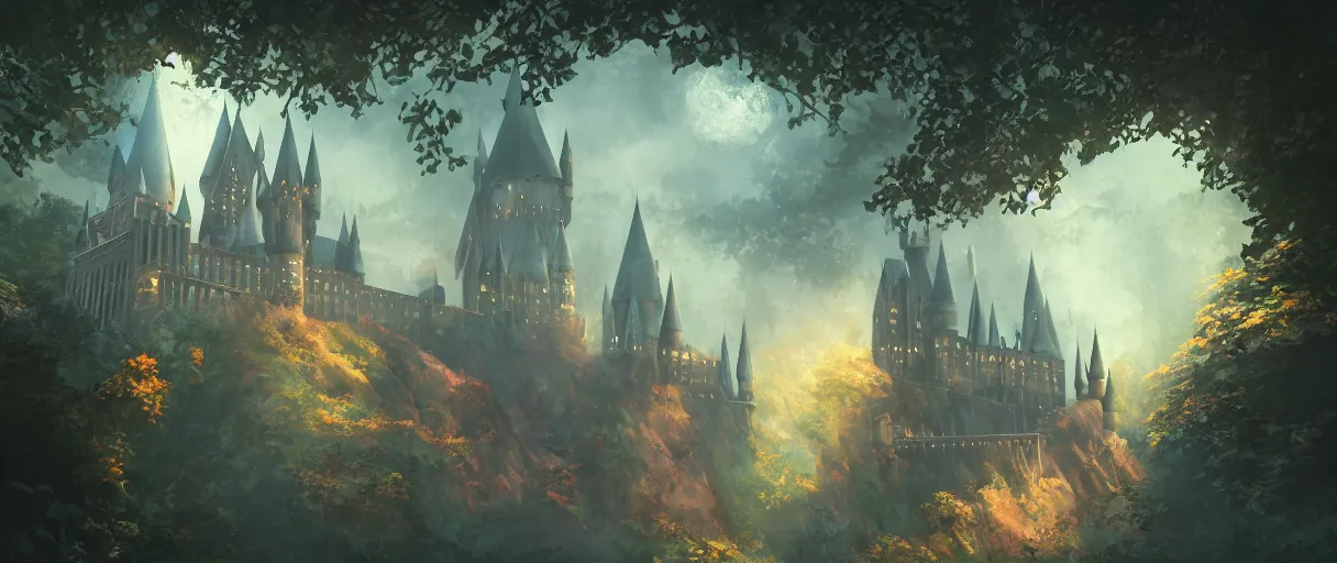 Prompt: hogwarts type castle in the forest behind a garden, concept art, digital painting, style of jordan grimmer, warm lighting, futuristic, volumetric lighting, view from below, vivid colours, bright, daytime, godrays, high detail