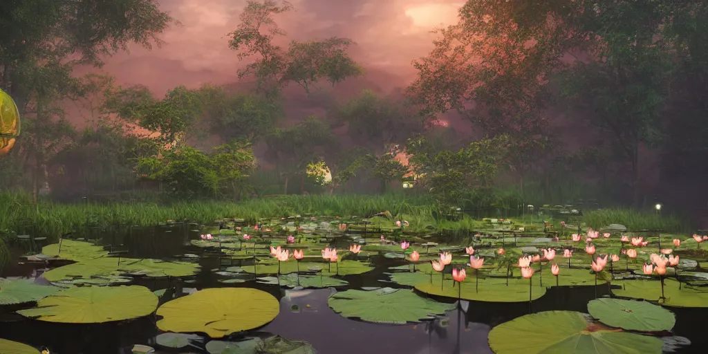 Image similar to dreamy pond full of lotus flowers at night, concept art, render by octane and blender, hyper realistic, cinematic lighting, unreal engin 5, by krenz cushart, 8 k, vray render, artstation, deviantart