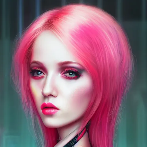 Image similar to a portrait of a stunning woman with pink hair, cyberpunk art by mark ryden, cgsociety, computer art, circuitry, dystopian art, academic art insanely quality, highly detailed, masterpiece, red light, artstation, 4 k