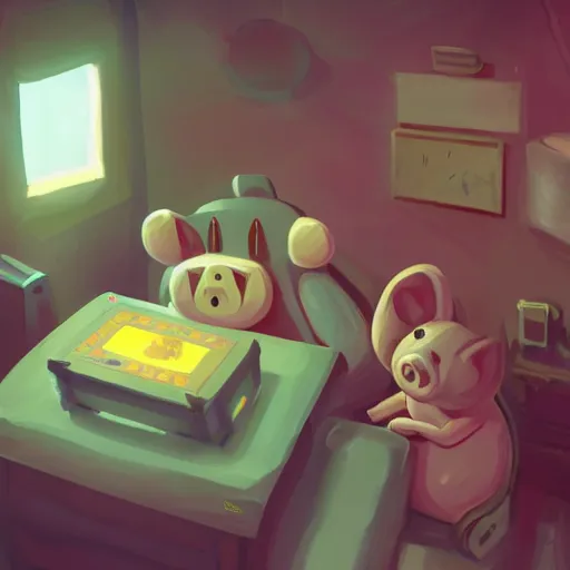 Prompt: a cartoonish cute anthropomorphic pig playing video games, in a comfy house, warm lighting, magical atmosphere, trending on artstation, 30mm, by Noah Bradley trending on ArtStation, deviantart, high detail, stylized portrait