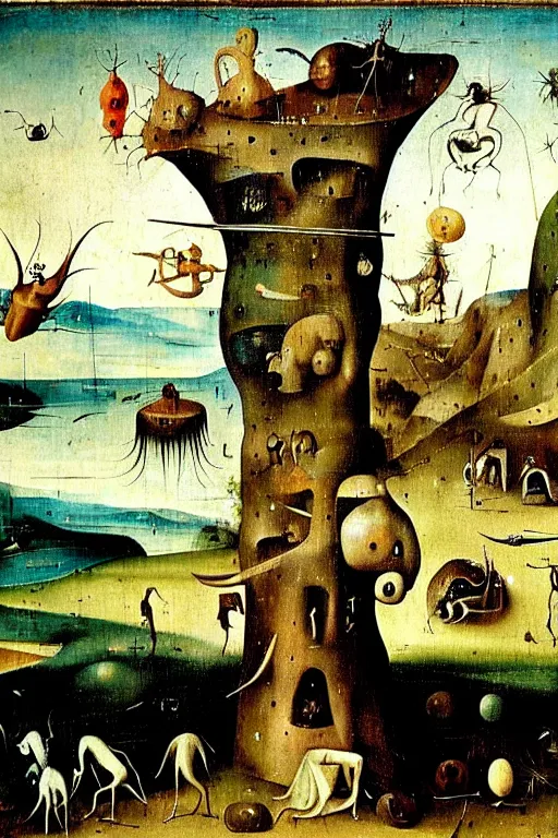 Prompt: a beautiful landscape with weird creatures by hieronymus bosch and dali