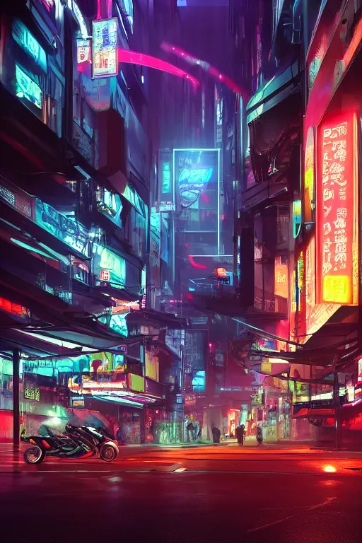 Prompt: Futuristic Asian city at night with rain, Cyberpunk style, Motorcycle, Neon lights, Matte paiting, cinematic lighting, corona render, smoke, light rays, 8k