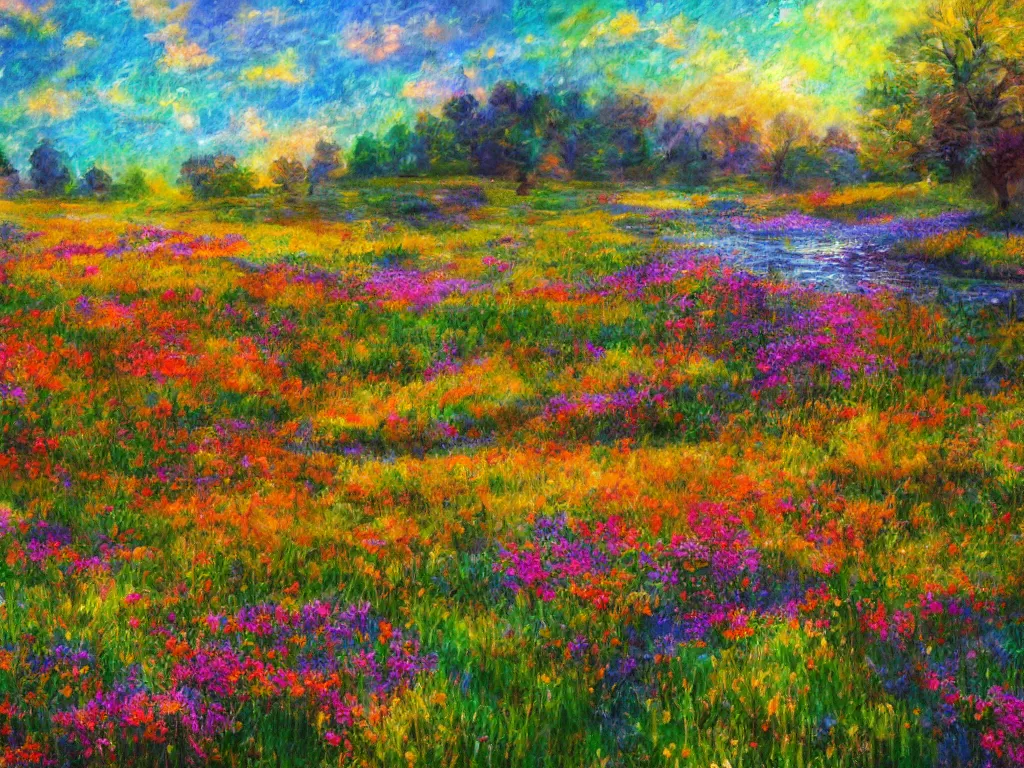 Image similar to an impressionist painting of a gorgeous meadow filled with colorful mushrooms with a stream flowing through it, psychedelic colors, colorful sky in background, high detail, trending on artstation