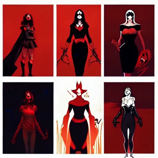 Prompt: rafael albuquerque comic art, peter mohrbacher, phil noto, artgerm, pretty evil elizabeth olson witch, black and red dress, symmetrical eyes