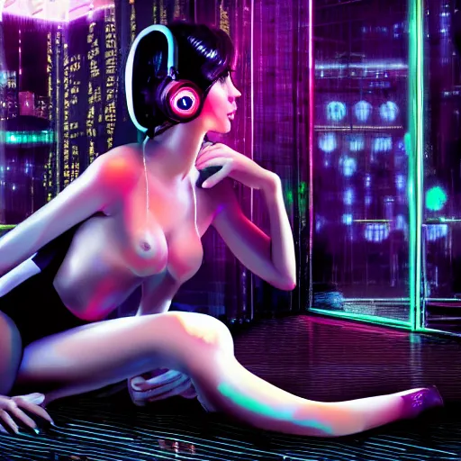 Prompt: beautiful cybergirl with the headset in the metallic costume sitting on the floor near a white cat in the neon room, blade runner movie, digital art, highly detailed