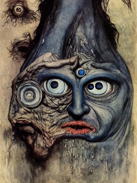 Prompt: one-eyed single-eyed blue-skinned Cyclops Polyphemus with one huge eye. Extremely high detail, details, realistic, solo, masterpiece, full-face portrait, colorful, art by Arthur Rackham, Muzinabu, Johann Tischbein, Zdzisław Beksiński