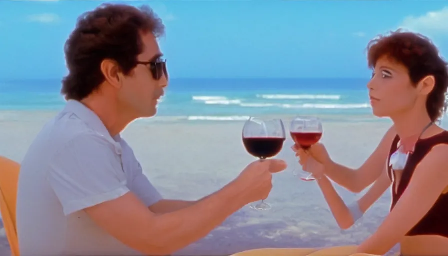 Prompt: 1 9 8 6 movie screencap of a couple with a glass of wine on costa blanca, gucci clothes, studio ghibli sky, beautiful beach background extremely utra high quality artwork 8 k