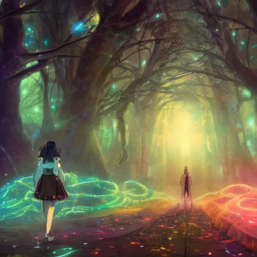 Image similar to twisted pathways magical cosmic path in the middle of a universe, anime inspired, hyper realistic, dramatic lighting, glowing leaves, 8k hdr pixiv dslr photo by Makoto Shinkai ilya kuvshinov and Wojtek Fus, digital art, concept art