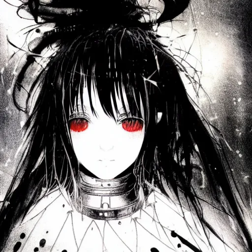 Image similar to yoshitaka amano blurred and dreamy illustration of an anime girl with black eyes, wavy white hair and cracks on her face wearing spiky elden ring armour with the cape fluttering in the wind, abstract black and white patterns on the background, noisy film grain effect, highly detailed, renaissance oil painting, weird portrait angle