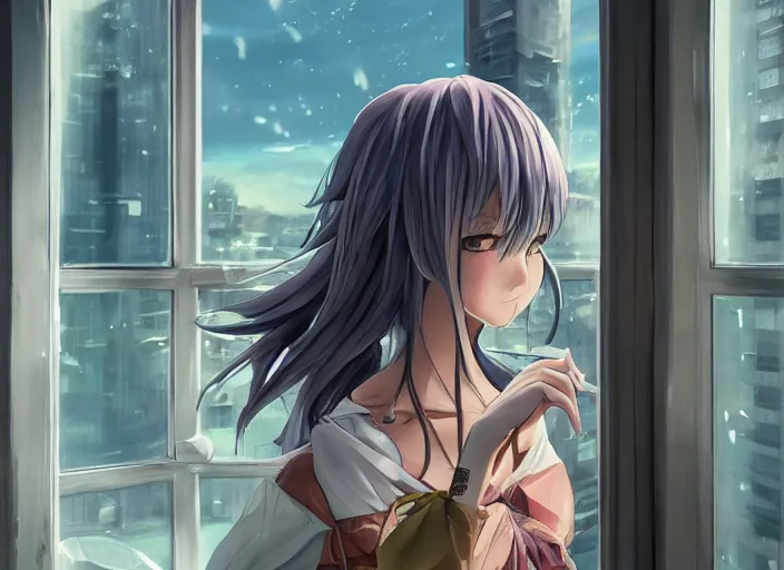 Image similar to anime girl in skirt looking out the window at megopolois and sunset, dynamic composition, motion, ultra-detailed, incredibly detailed, a lot of details, amazing fine details and brush strokes, colorful and grayish palette, smooth, HD semirealistic anime CG concept art digital painting, watercolor oil painting of Clean and detailed post-cyberpunk sci-fi close-up schoolgirl in asian city in style of cytus and deemo, blue flame, relaxing, calm and mysterious vibes,, by a Chinese artist at ArtStation, by Huang Guangjian, Fenghua Zhong, Ruan Jia, Xin Jin and Wei Chang. Realistic artwork of a Chinese videogame, gradients, gentle an harmonic grayish colors. set in half-life 2, Matrix, GITS, Blade Runner, Neotokyo Source, Syndicate(2012), dynamic composition, beautiful with eerie vibes, very inspirational, very stylish, with gradients, surrealistic, dystopia, postapocalyptic vibes, depth of field, mist, rich cinematic atmosphere, perfect digital art, mystical journey in strange world