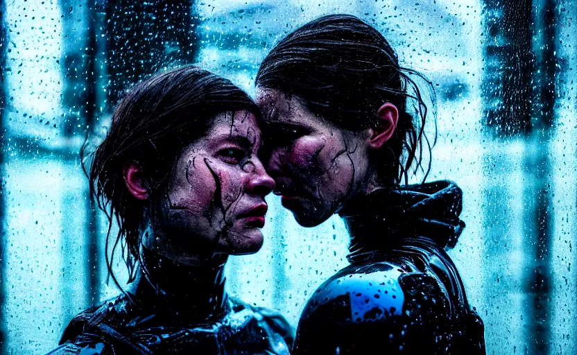 Image similar to cinestill 5 0 d candid photographic portrait by steven spielberg of two loving female androids sobbing wearing rugged black mesh techwear in treacherous waters, flooded city, medium closeup, retrofuturism cyberpunk moody emotional cinematic, pouring iridescent rain bright spotlight helicopter, 8 k, hd, high resolution, 3 5 mm, f / 3 2, ultra realistic faces, ex machina