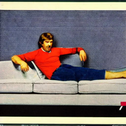 Prompt: lazy guy lying on the couch and doing nothing, 7 0 s advertisement, colorful