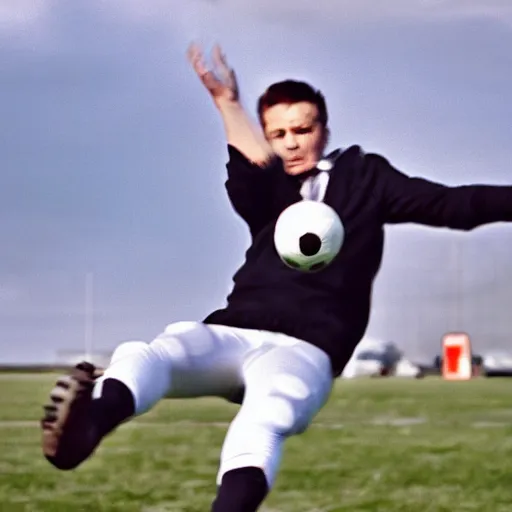 Prompt: a man kicking a football, photo,