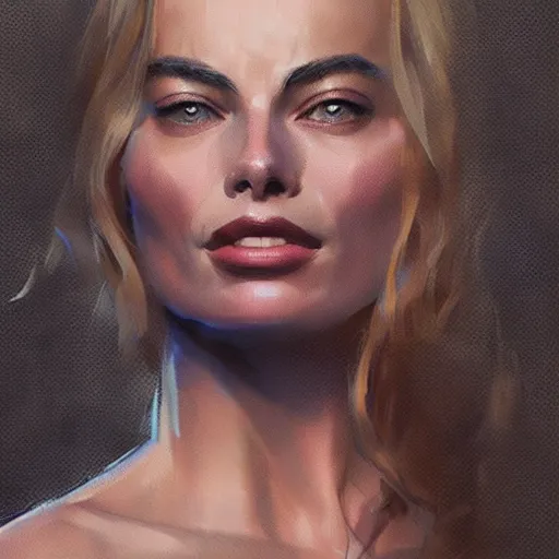 Image similar to “Portrait of Margot Robbie by Greg Rutkowski, young, attractive, highly detailed portrait, scifi, digital painting, artstation, concept art, smooth, sharp foccus ilustration, Artstation HQ”